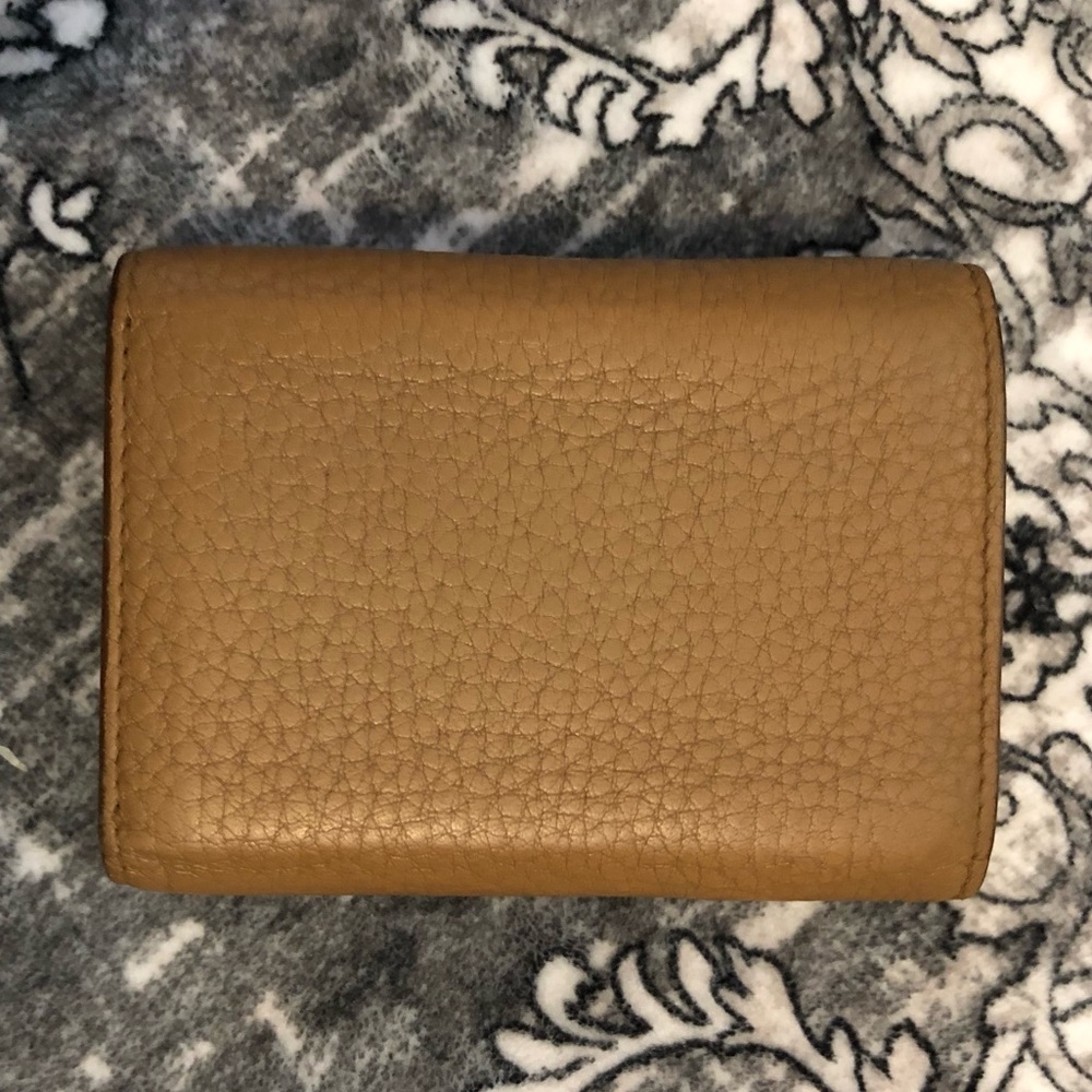 Prada AUTHENTIC Tan Leather Orange Interior Trifold Gold Logo Compact Wallet - Picture 7 of 16